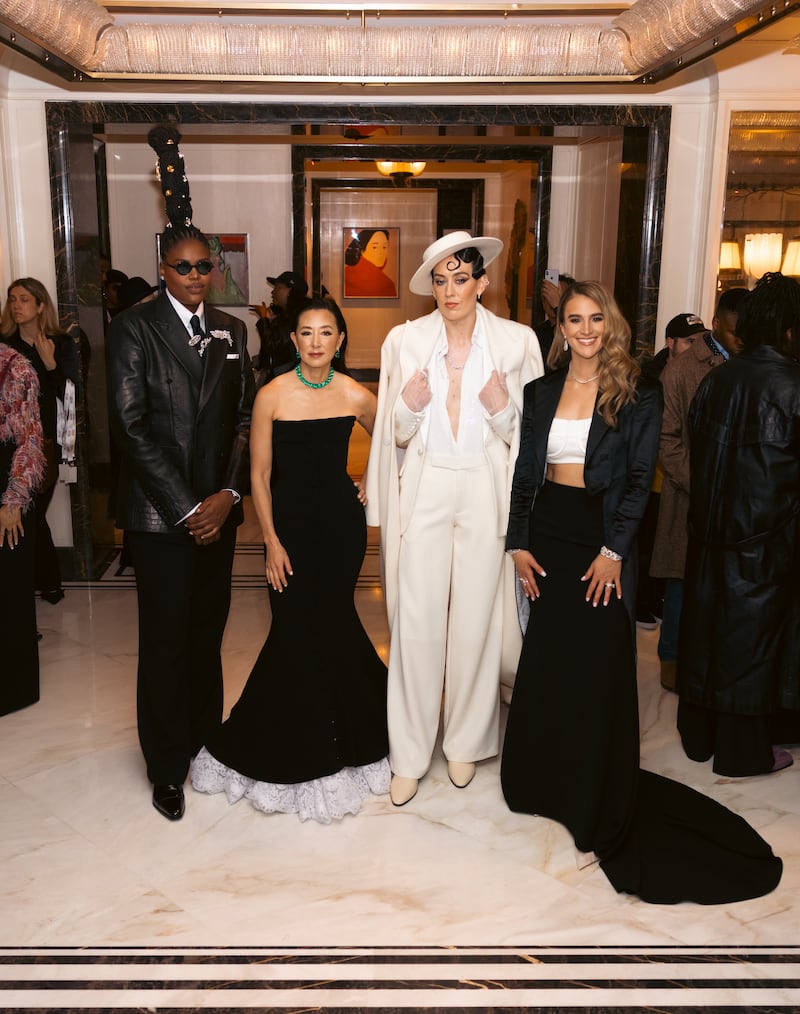 Jonquel Jones, team co-owner Clara Wu Tsai, Breanna Stewart and Sabrina Ionescu at the 2025 Met Gala.