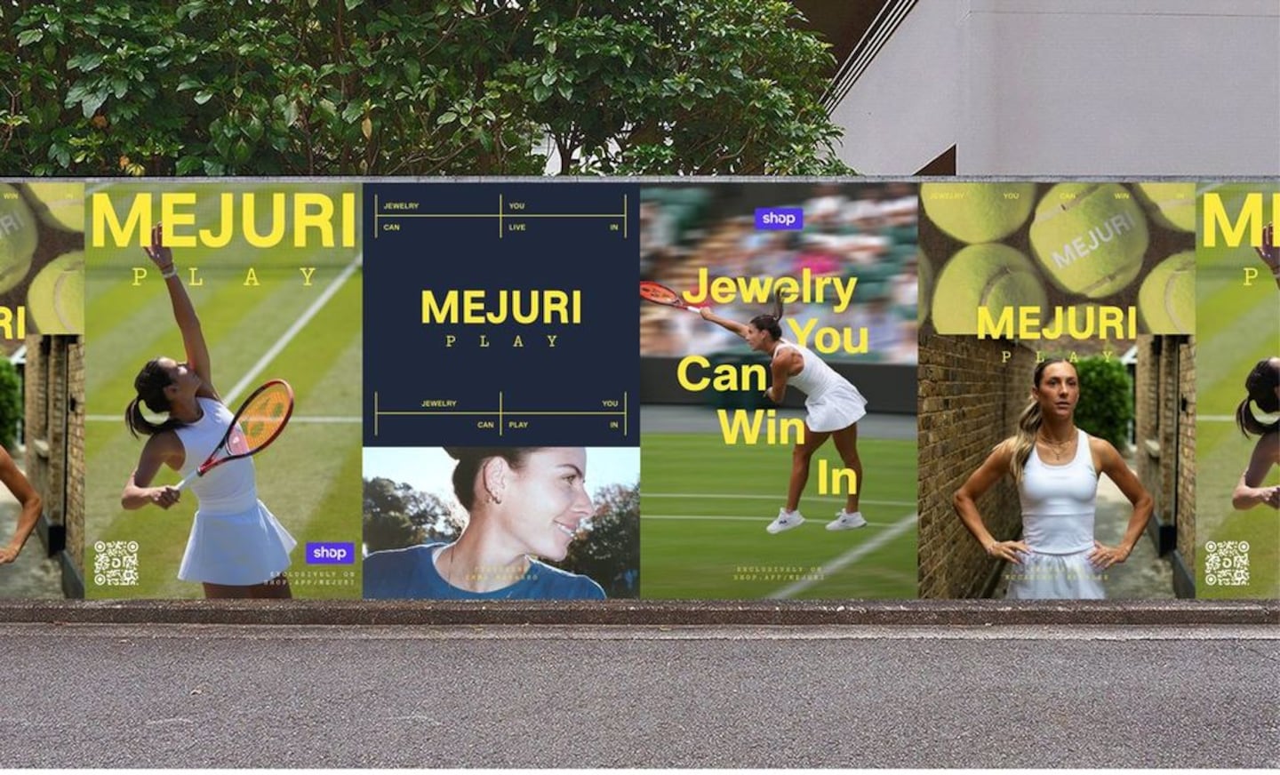 A photo of a wall featuring photos of tennis star Emma Navarro with text that reads "Mejuri Play" and "Jewelry you can win in."